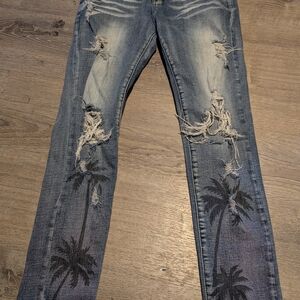 AMIRI Blue Distressed Palm Print Skinny Jeans